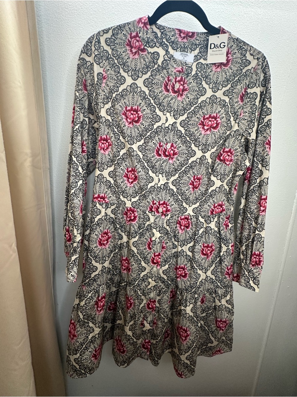 UNTUCKit Cream Dress with Black Paisley and Pink Floral Accents